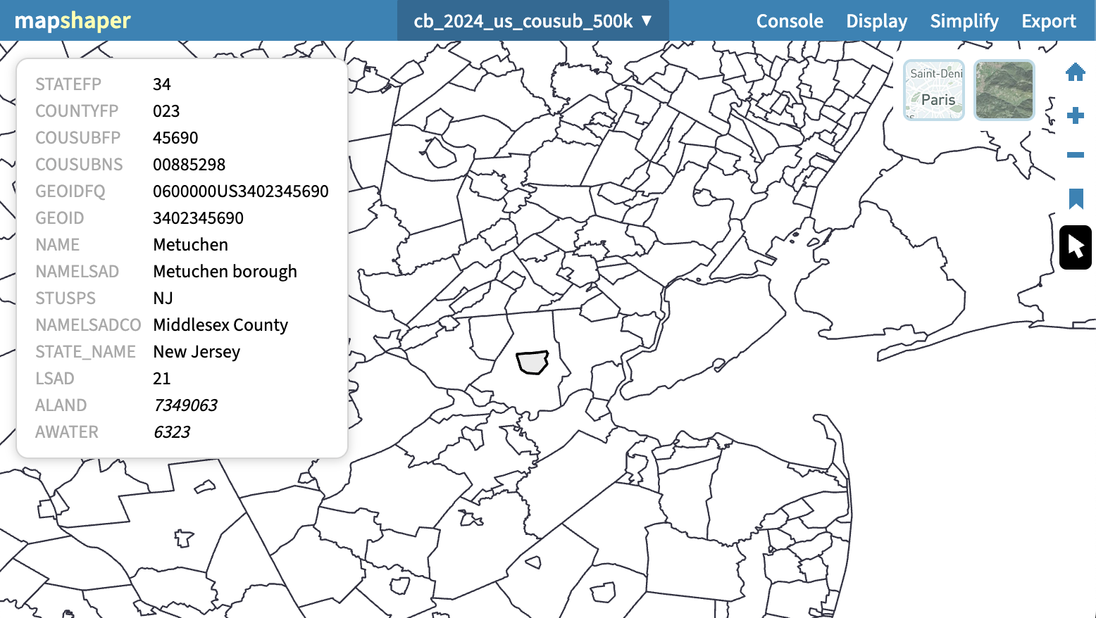 Screenshot of mapshaper showing towns for the entire United States. A panel on the left shows the attributes of each town.
